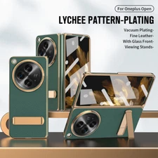 For OnePlus Open Luxury Leather Metal Case Built-in Screen Protector Stand Cover