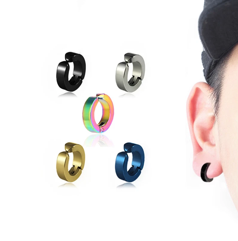 Pendientes de aro de acero inoxidable con clip falso para hombres y mujeres Foto 4 de 4