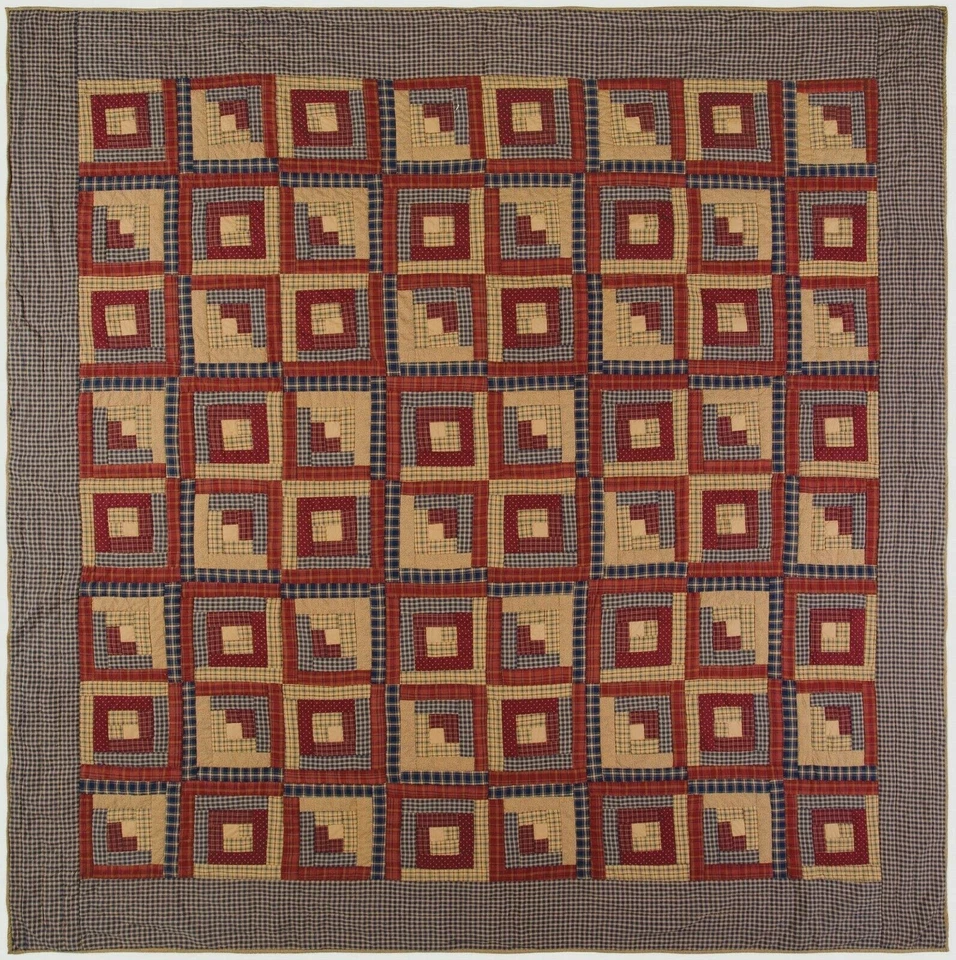 Полуторное стеганое одеяло из хлопка Millsboro ручной вышивки бревенчатая хижина красный синий желтовато-коричневый - Изображение 3 из 4