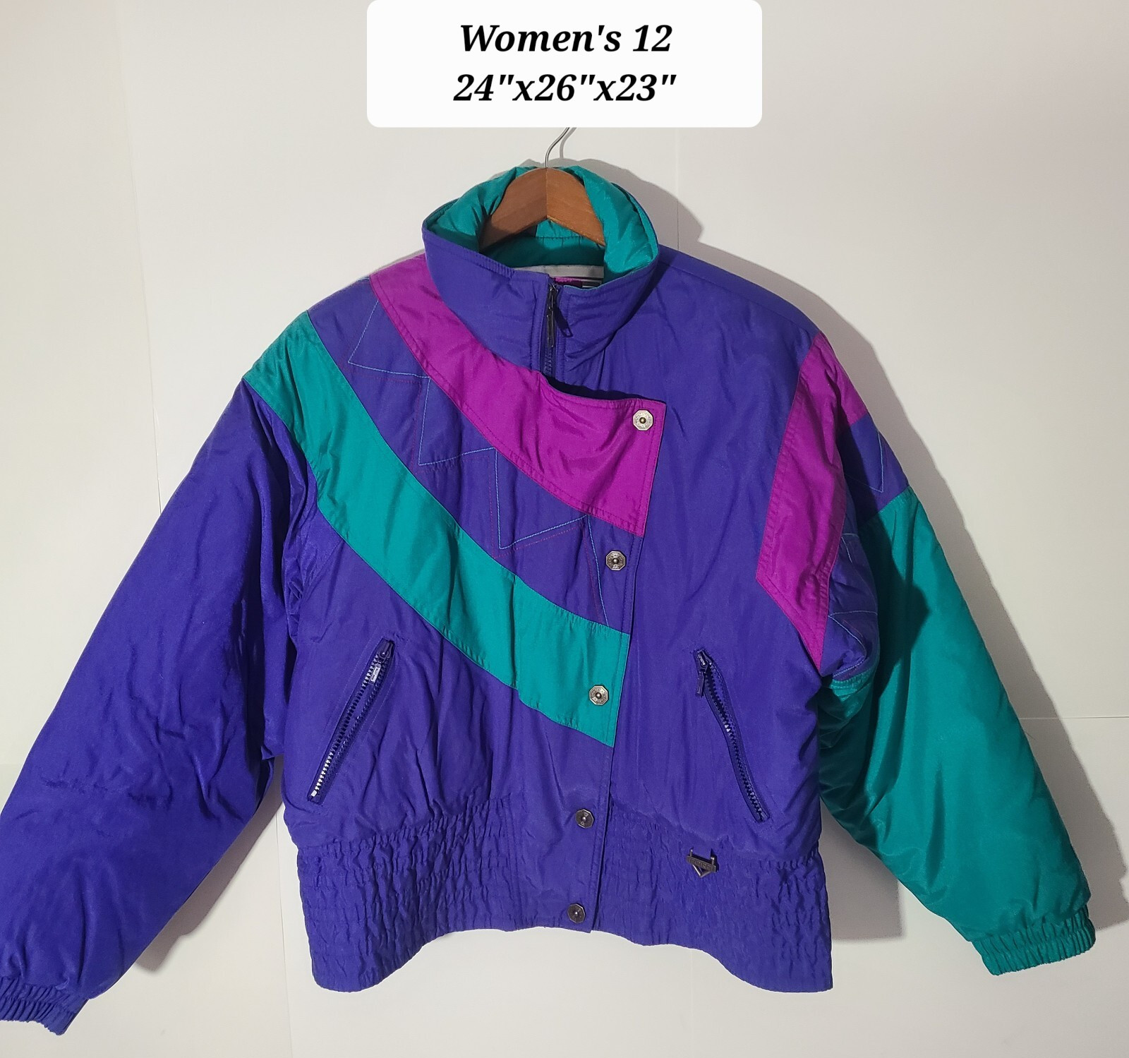 Vintage 80s Fera Skiwear Purple/Green Colorblock Full Zip Women's Jacket Size 12