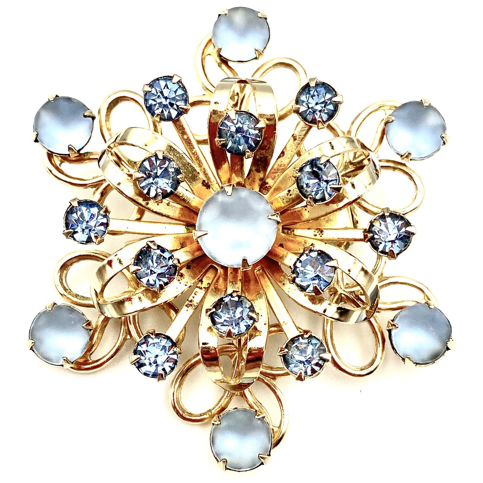 Vtg GoldTone Brooch Pin Lt Blue Multifaceted Crystals 3D Layered Flower Rare E