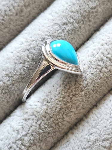 Pear Shape / Natural Turquoise Sterling Silver Ring - ( Size 8 ) - Picture 3 of 5