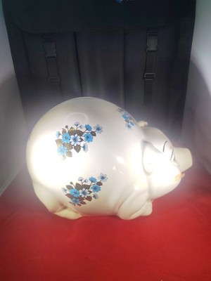 Vintage Large Porcelain Piggy Bank Pig With Hand-painted Flowers, Read Descripti