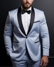 Men's Blue Shawl Lapel Blazer Groom Tuxedos Party Prom 2 Piece Wedding Suit