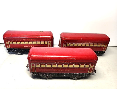 Marx Toys Montclair-Bogota Pullman Passenger Train Cars Red Tin Lot of 3