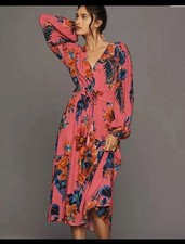 Farm Rio Long Sleeve Dress V Neck A Line Floral Midi Fit and Flare Size XS NEW