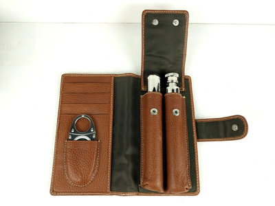 Brown Leather Cigar and Flask Billfold w/ Guillotine Cigar Cutter - Unused - NOS