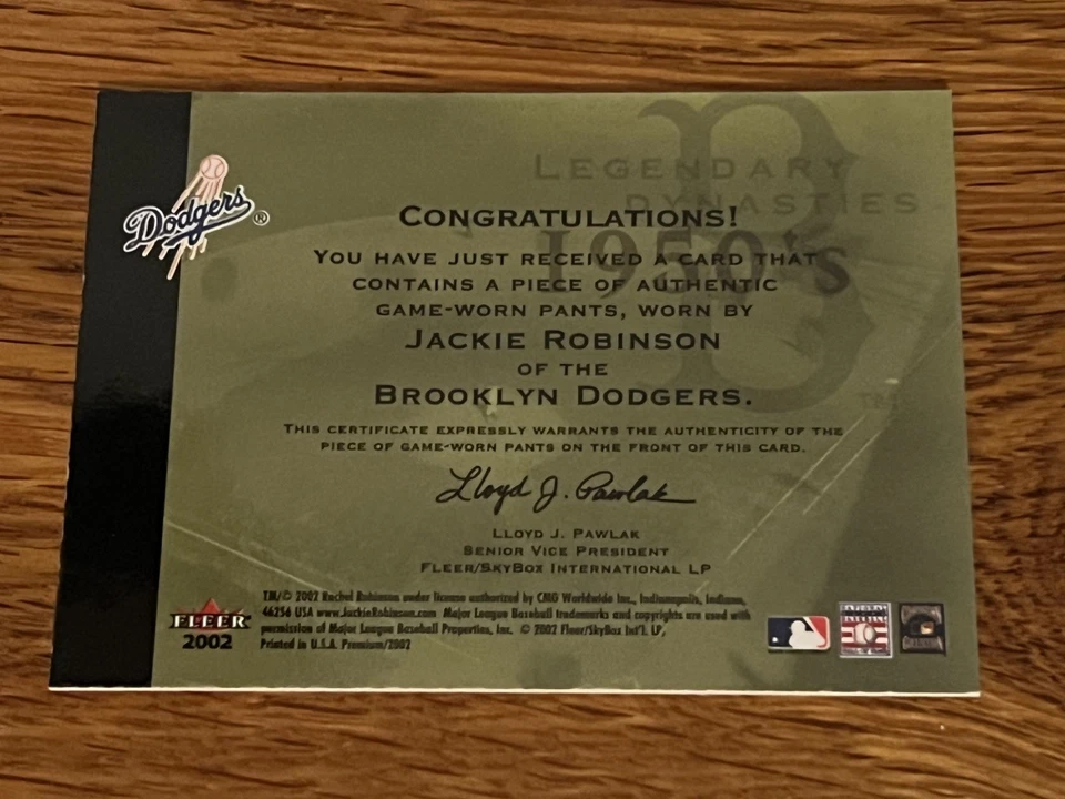 Tarjeta Jersey Jackie Robinson Juego Usada: 2002 Fleer Premium Legendary Dynasties Casi Nueva Foto 2 de 4