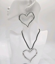 Women Fashion Jewelry Silver Color Large Heart Earrings Necklace Set