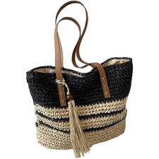 FashionStyle Co Designer Raffia Woven Straw Tote shoulder Bag black / khaki NWT