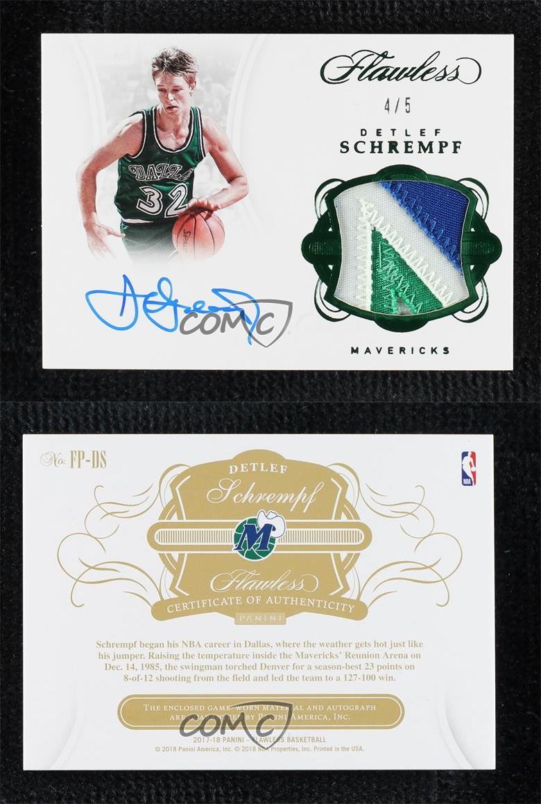2017-18 Panini Flawless Patch Green 4/5 Detlef Schrempf #FP-DS Patch Auto 3d3 view 3
