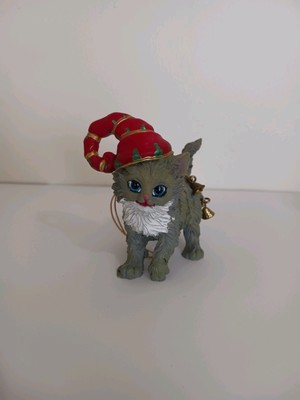 Cat Christmas Ornament  Resin Gray With Elf Hat White Beard Bells
