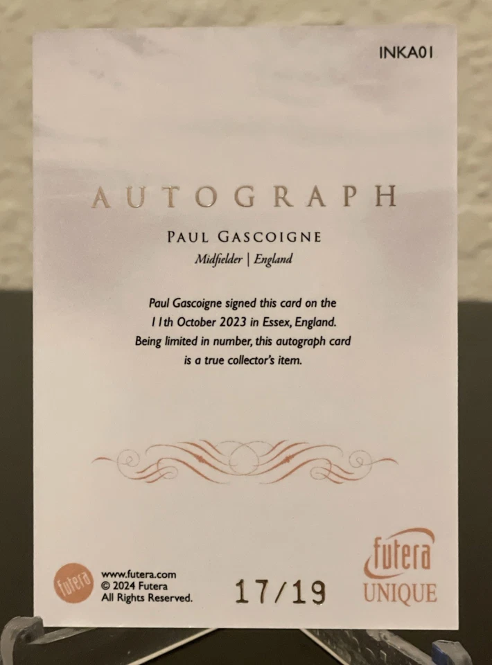 2024 Futera Unique Paul Gascoigne Legacy Auto Gold 17/19 England - Image 2 of 2