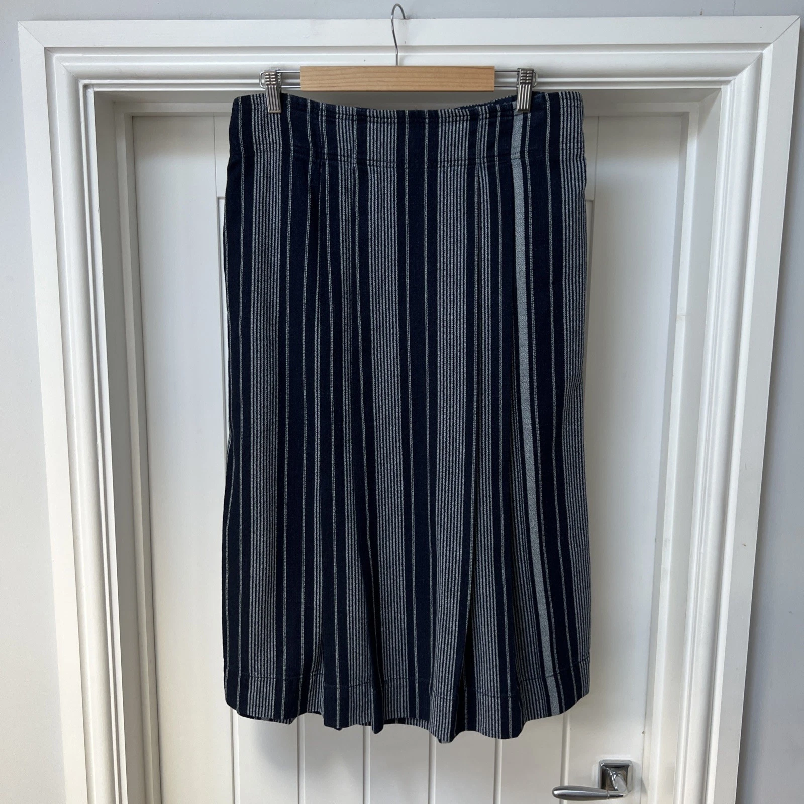 Toast Skirt Women's UK 10 Blue Cotton Linen A-Line Pleated Midi Bohemian Stripe