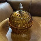 VTG MCM 1950s Amber Indiana Glass Round Candy / Nut Dish With Acorn Finial Lid