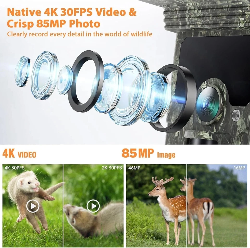 Solar Wiederaufladbare Wildkamera 4K 85MP WLAN Bluetooth Kamera Nachtsicht Akku - Bild 4 von 4