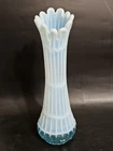 VTG Fenton Blue Opalescent Waffle Windowpane Swung Vase 11.5” UV Glow #6158-BO
