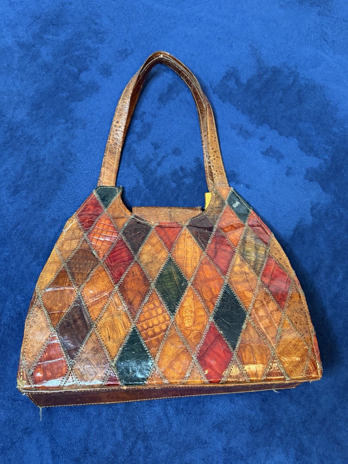 Vtg 70’s Multicolor Leather Patchwork shoulder Ba… - image 1