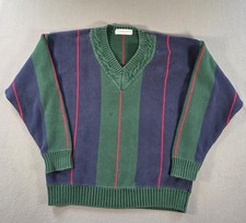 Vintage John Ashford Sweater Mens XL Green Striped Tennis V Neck Chunky Knit