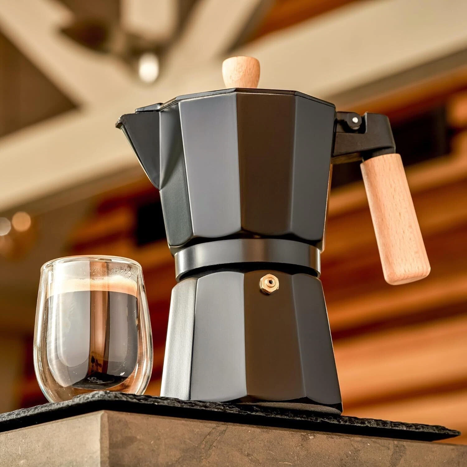Moka Pot Stovetop Espresso Maker 6 Cup Coffee W/ Solid Wood Handle Black