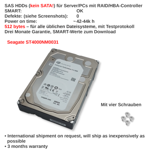 Seagate 7.2K 12Gb/s 256MB ST4000NM0031 LFF 42-44k 3.5 SAS 4TB HDDs - Picture 1 of 6