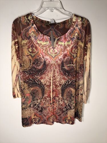 Live & Let Live Women's PL Yellow Multi 3/4 Sleeve Embellished Pop Over Top New
