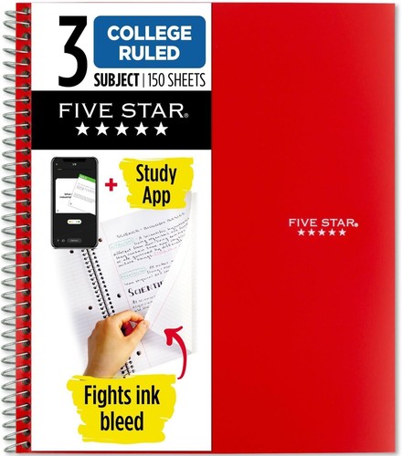 Five Star Spiral Notebook + Study App, 3 Subject, College Ruled Paper, Fights