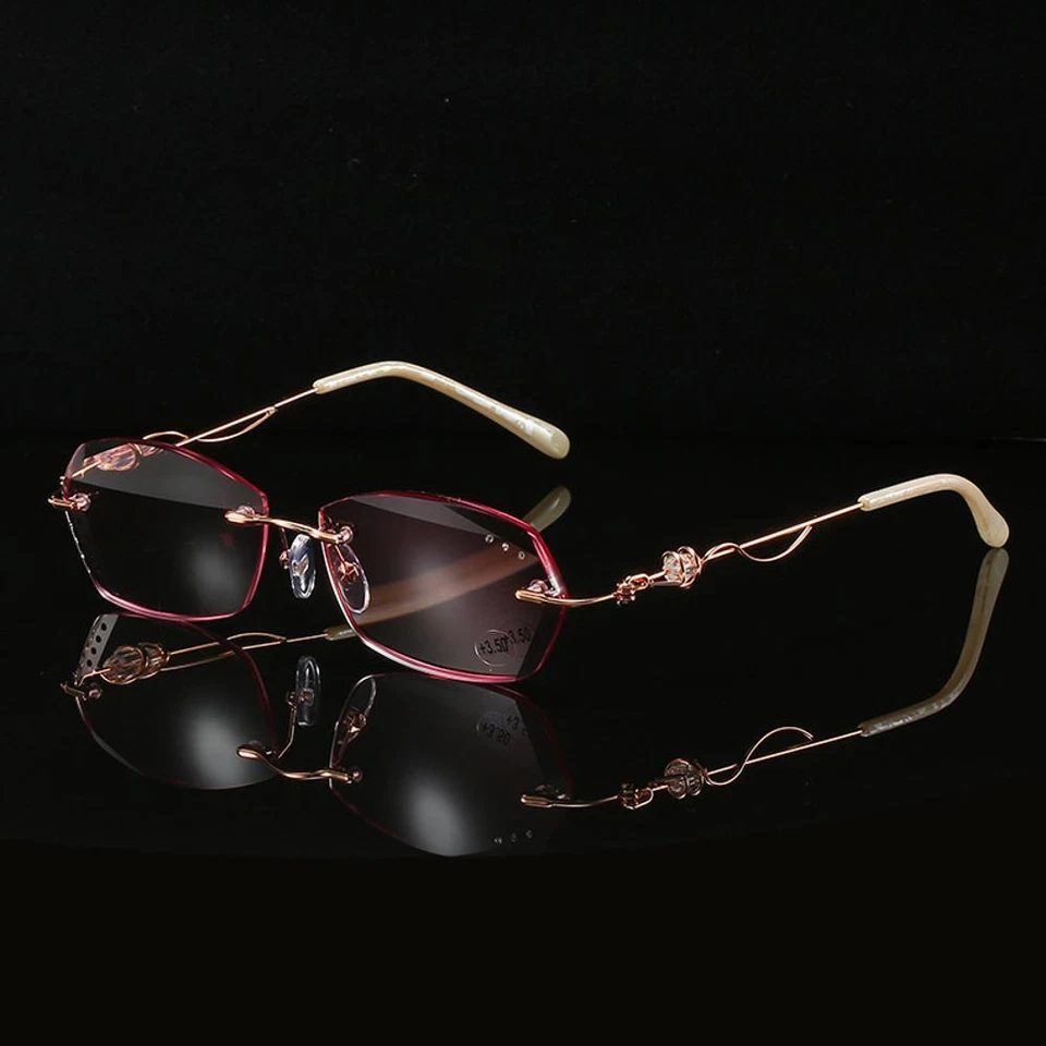 Gafas de lectura para damas sin marco diamante degradado rosa sin montura anti-luz azul Foto 3 de 4