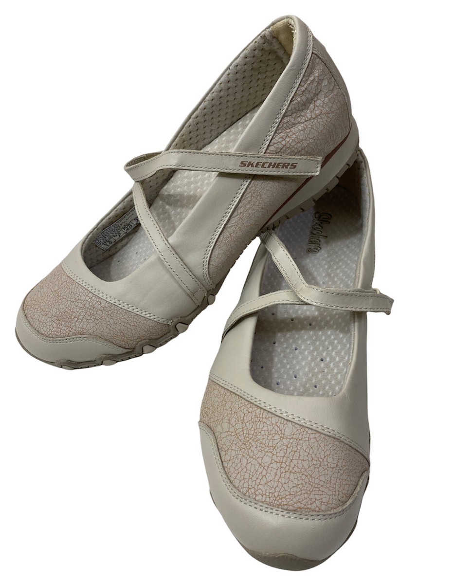 Skechers Mary Jane Step Up Biker Beige Womens 10 Leather Shoes Flats