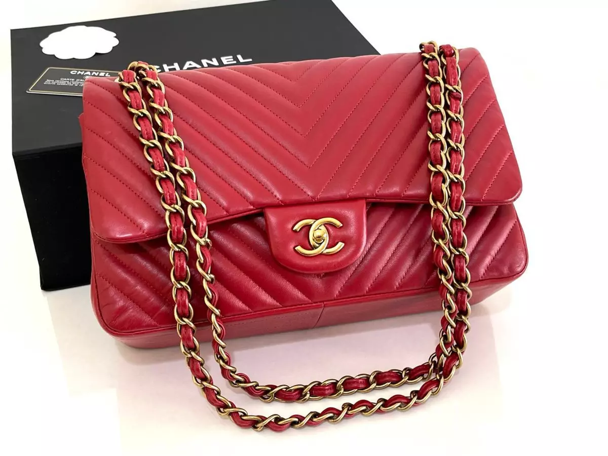 Authentic Chanel Classic Jumbo Red Chevron Lambskin Double Flap GHW