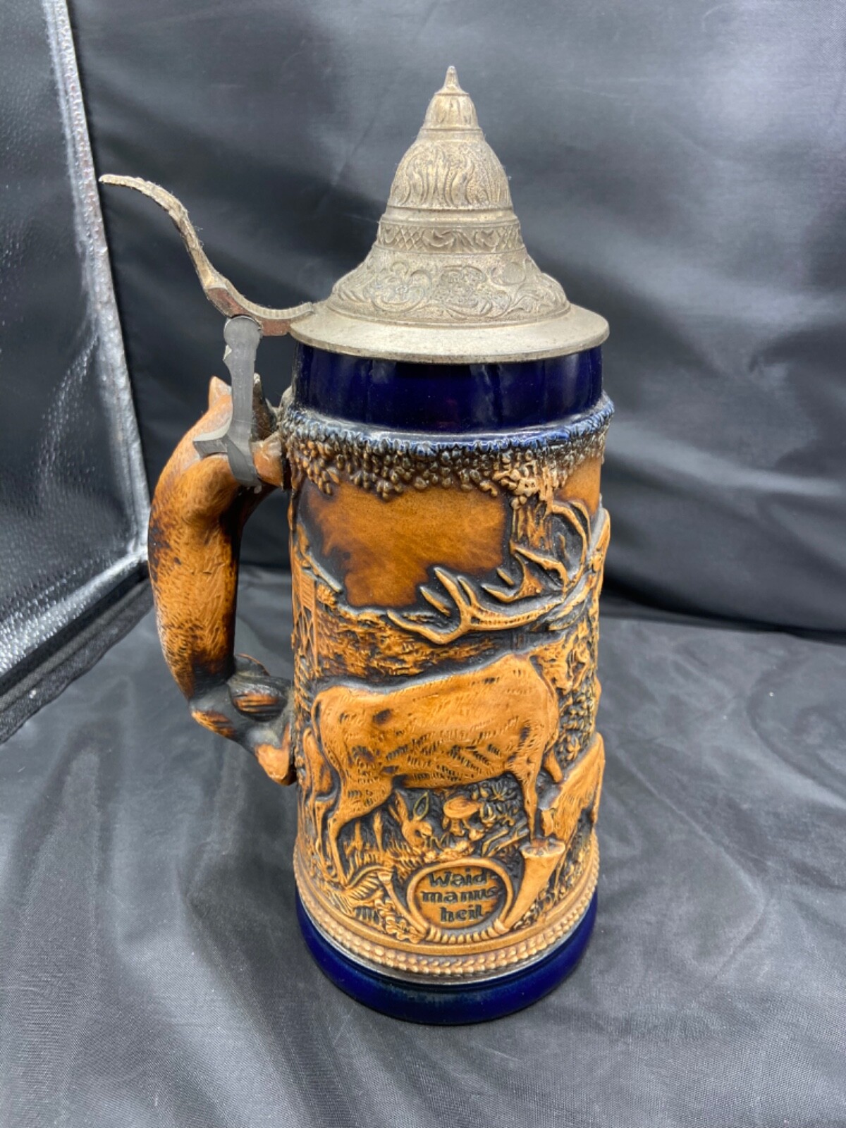 Gerz German Lidded Beer stein with Fox Handle Wild Elk Boar Hunting