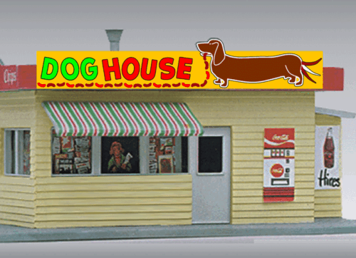 DOG HOUSE HOT DOG ANIMATED NEON SIGN FOR HO SCALE-LIGHTS, FLASHES & MORE!! - Afbeelding 1 van 1