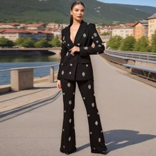 Occident Runway Women 2pcs Sets Rhinestone Blazer Suit Jacket Long Pants Fashion