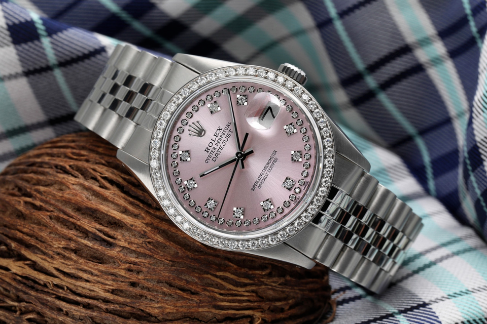 16014 Rolex Datejust 36 mm Pink Dial Diamond Bezel Stainless Steel