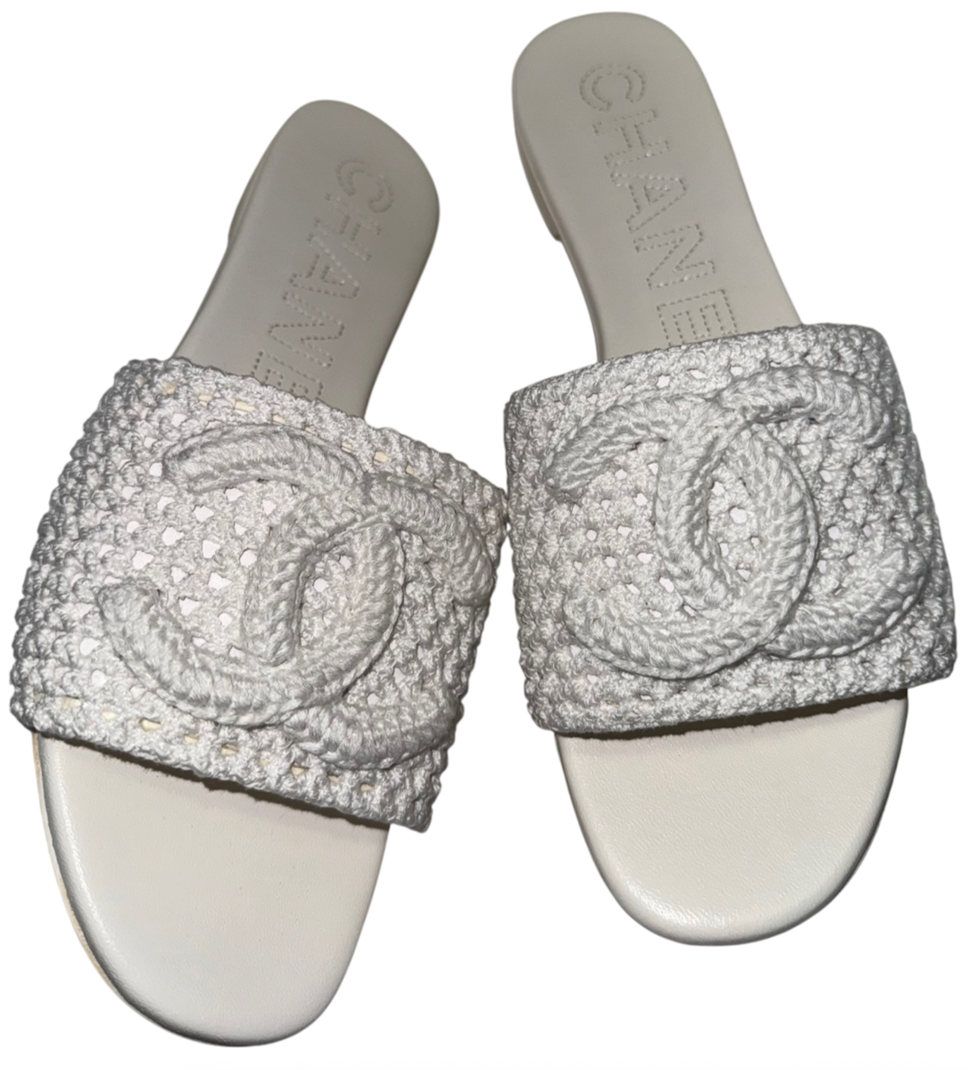 Chanel 24M White Crochet Knit Coco Beach CC Logo Mule Slide Slip