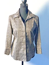 Talbots Women's Brown And White Long Sleeve Collard Blouse 8P