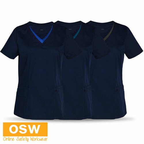Womens Ladies Navy/Charcoal Hospital/Health/Nurse Stretch Scrubs Top & Pant Set - Picture 2 of 6