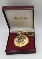 VINTAGE MAJESTRON MECHANICAL WINDUP POCKET WATCH NEW IN BOX WORKS GOLD TONE