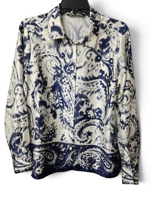 Zara Button Down Shirt Paisley Print Satin Blouse Large Ecru Navy Blue Boho Top