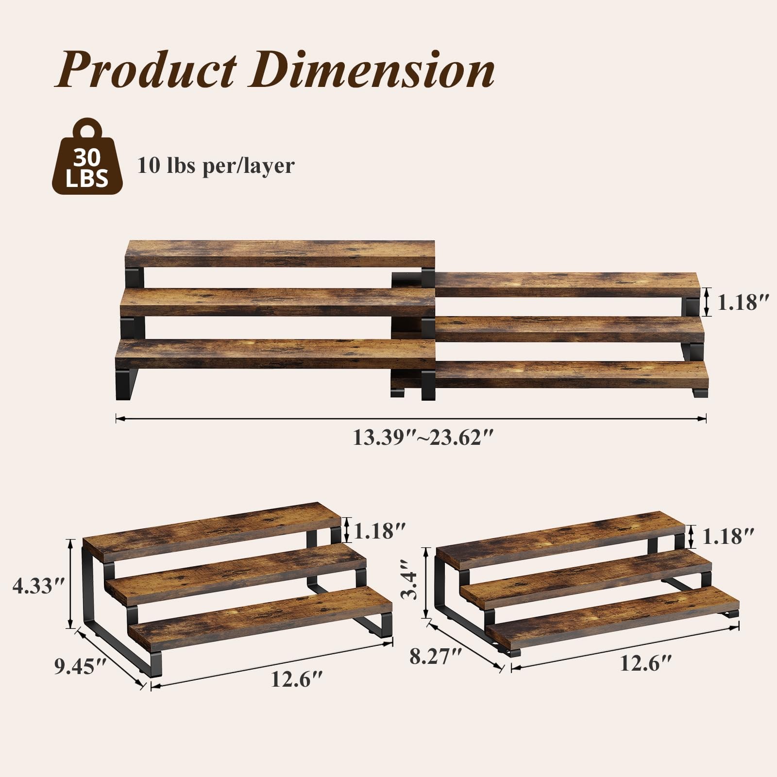 Spice Rack Organizer for Cabinet, 3 Tier Wooden Display Riser Stand, Rustic C...