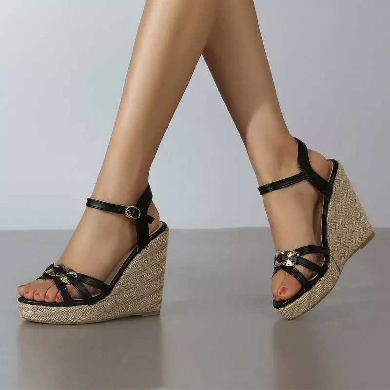 Sandalias Mujer Tacón 11,5 cm Esparto Cuerda Negro Cadena Oro Elegantes CF12X7A