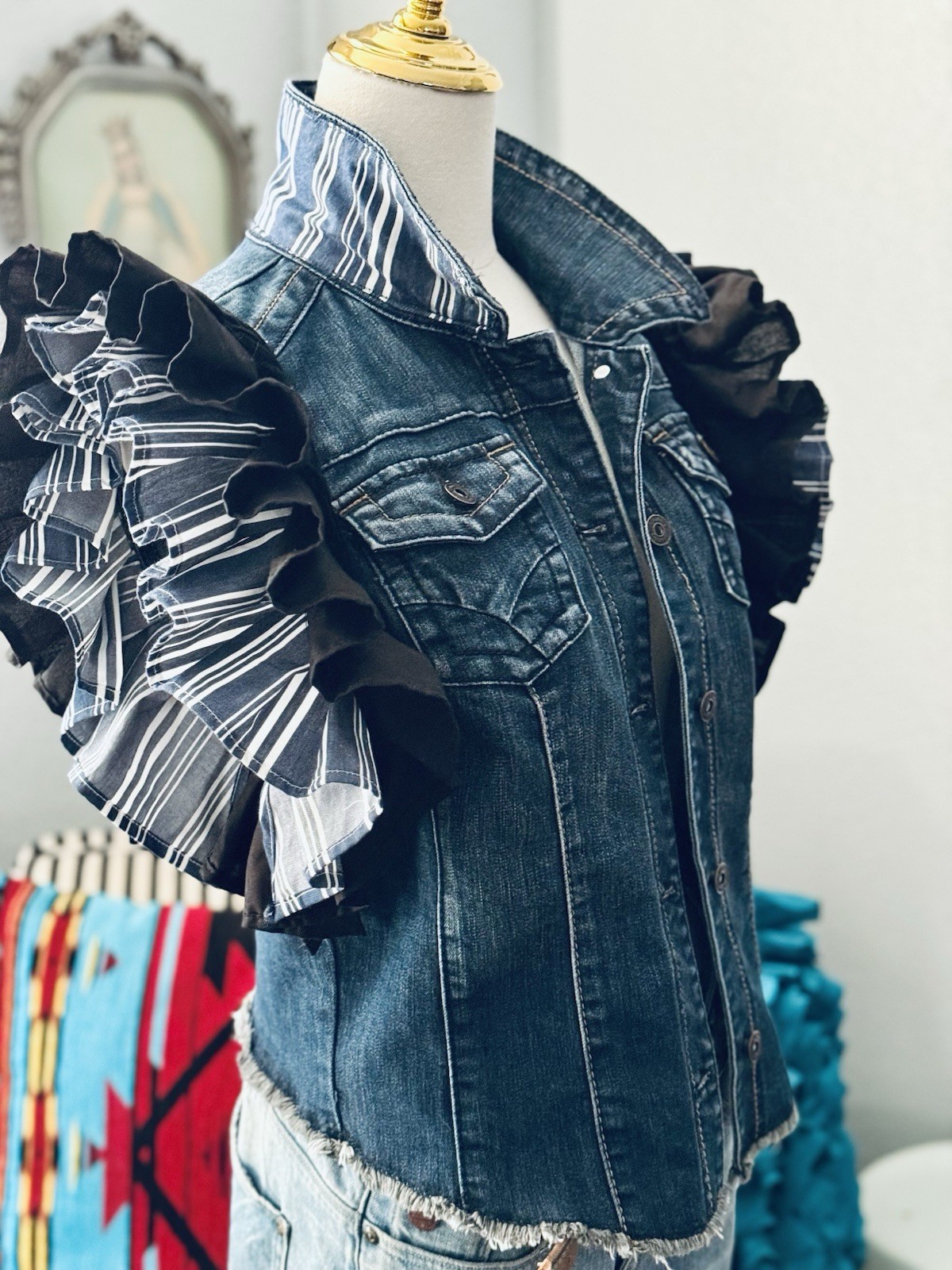 Statement Piece - Denim Jacket Upcycled with Ruff… - image 1