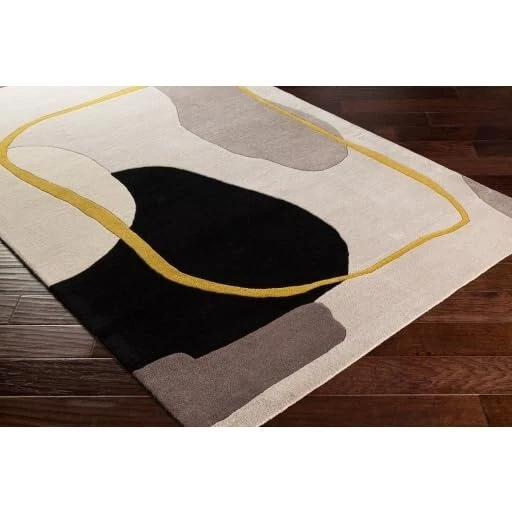 Modern Hand Tufted Wool Area Rug Abstract Geometric Design Grey Cream Yellow Rug - Image 2 of 4
