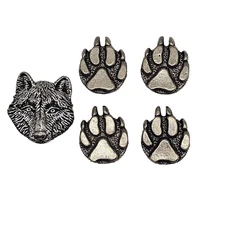 Vintage Button Covers Wolf Head Paw Set of 5 Silvertone Southwest Scouting Acces
