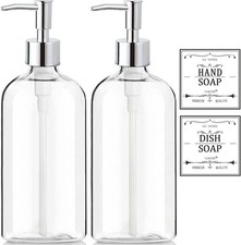 2-Pack 16 oz Clear Plastic Soap Dispenser with Pump  Waterproof Labels