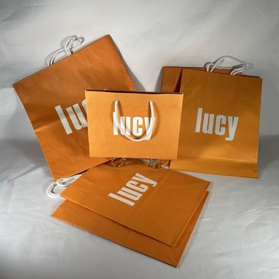 Lot of 5 Lucy Shopping Bags Empty lucy Spell Out Orange Paper Handled Reusable