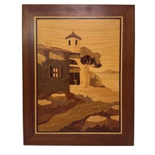 Vtg Berkeley House Italy Wood Inlay Rustic Church Scene, 9.5x12 Marquetry Art