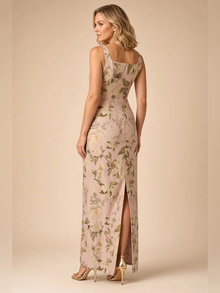 Maxi Vestido Adrianna Papell Rosa Floral Cuello Cuadrado Jacquard Talla 2 Nuevo con Etiquetas