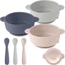 Silicone Baby Feeding Set, 3 Pack Baby Bowls with Suction and 3 Pack Baby Spoons