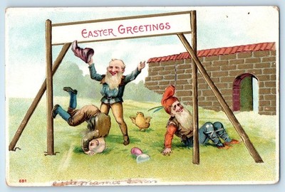 c1910's Easter Greetings Elf Gnomes Playing Chick Eggs Embossed Posted Postcard